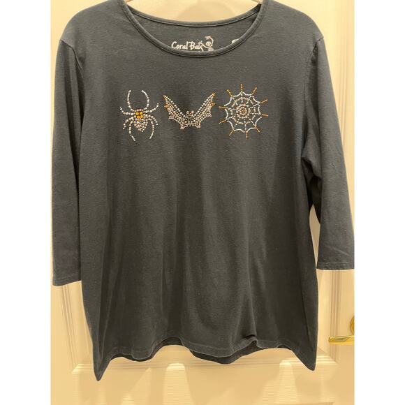 Coral Bay Rhinestone  Bat, Spider, and SpiderWebb Black LS Halloween Tee Sz XL - Picture 1 of 13